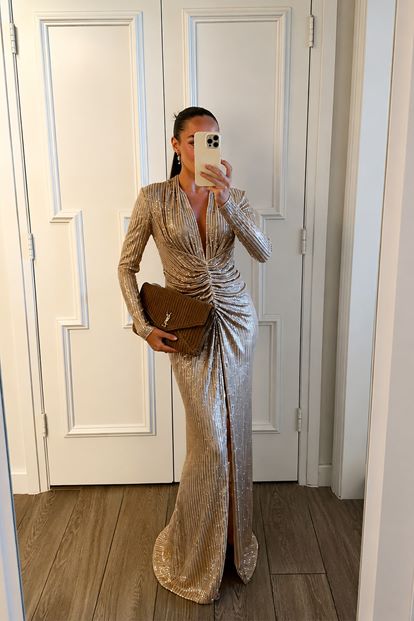 Gold Uzun Kollu Payetli Abiye Elbise